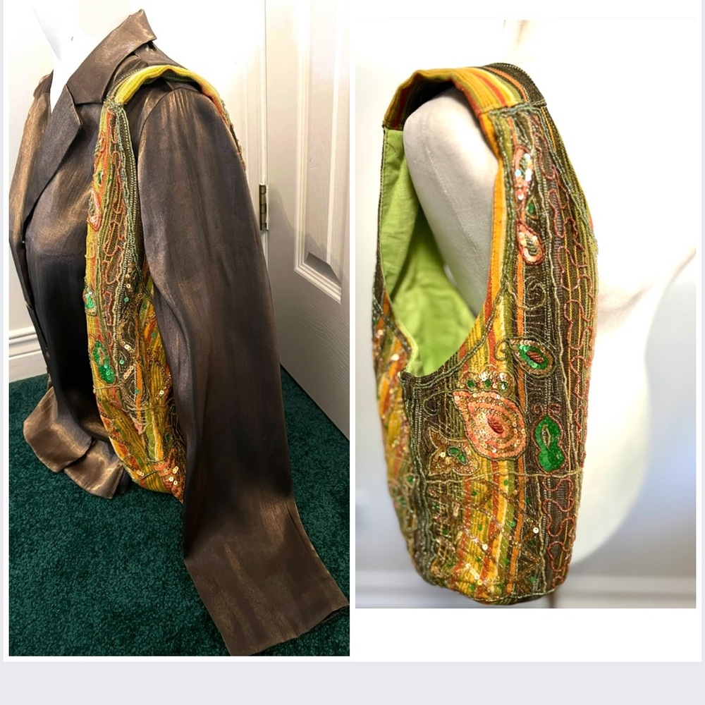 🎁 Boho Sequin Beaded Paisley Hobo Bag Olive Gold Burnt Orange Purse New - Picture 16 of 16